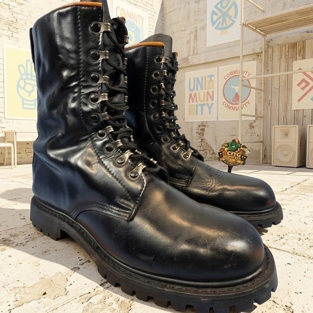 Vintage 1980s Austrian Military Combat Boots Black Leather UK 9.5 Mens